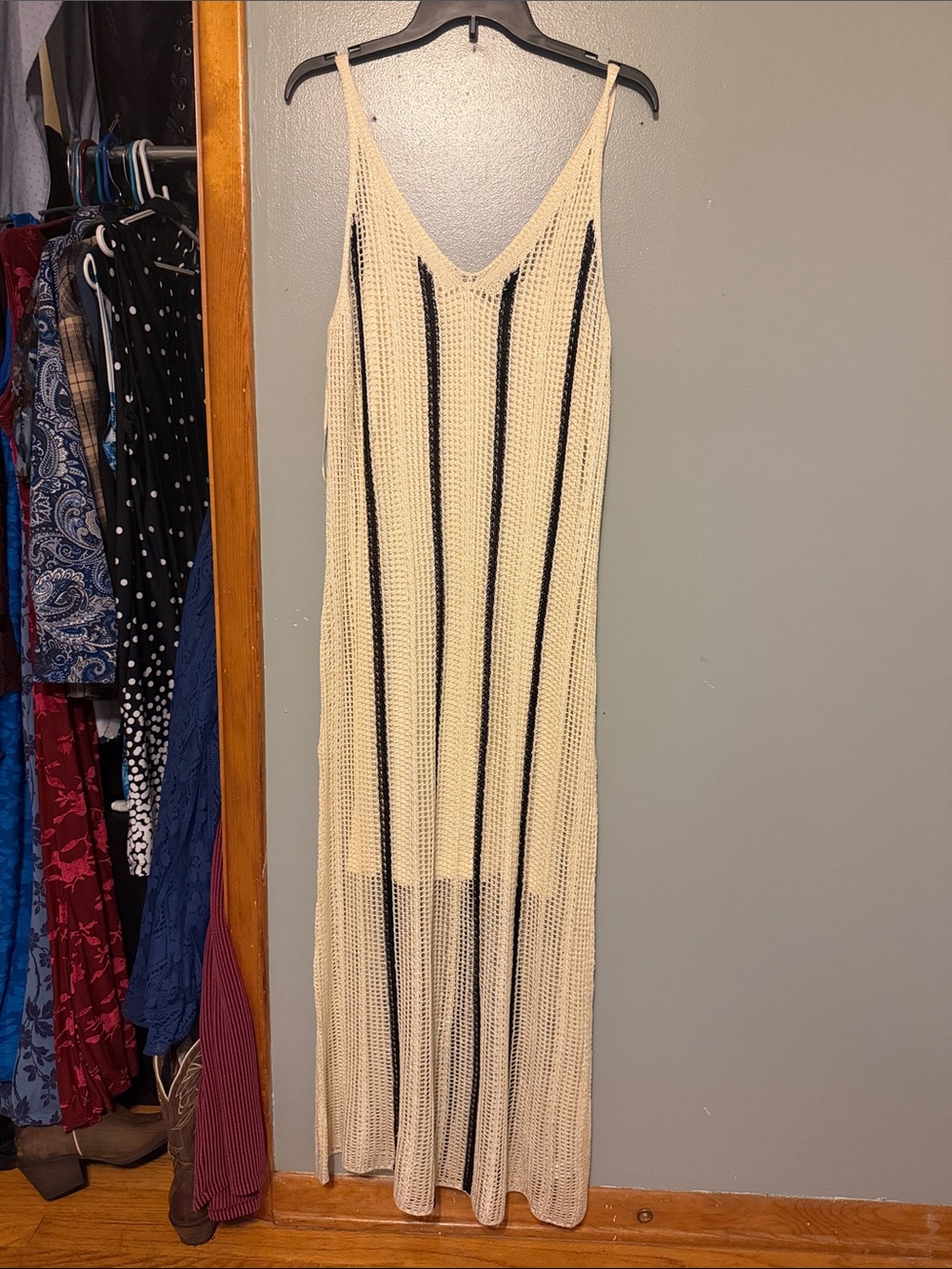 Women's Cream Knit Sweater with Black Vertical Stripes